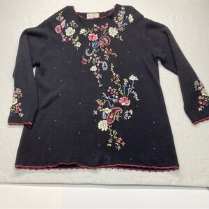Vintage Heirloom Collectibles 2X Sweater Black Multi Colored Floral Embroidered